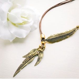 Unique Gold Feather Drop Rope Statement Necklace